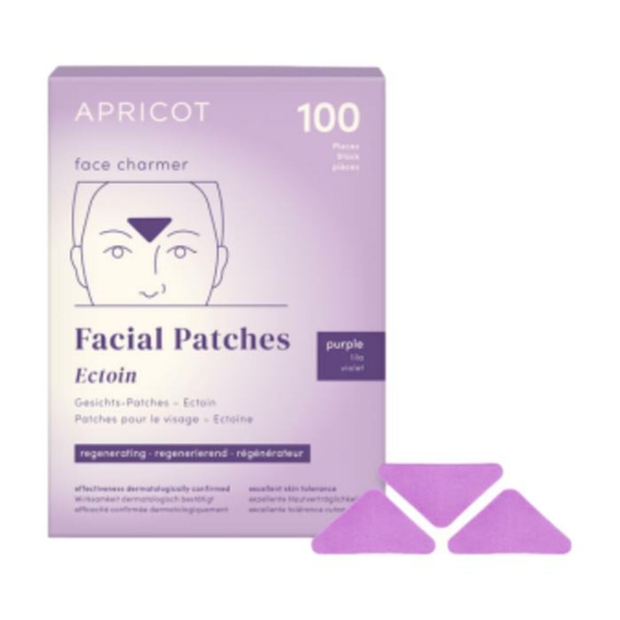 Lila Schachtel mit "APRICOT face charmer" und "Facial Patches Ectoin". 100 Stück. Pflaster daneben.