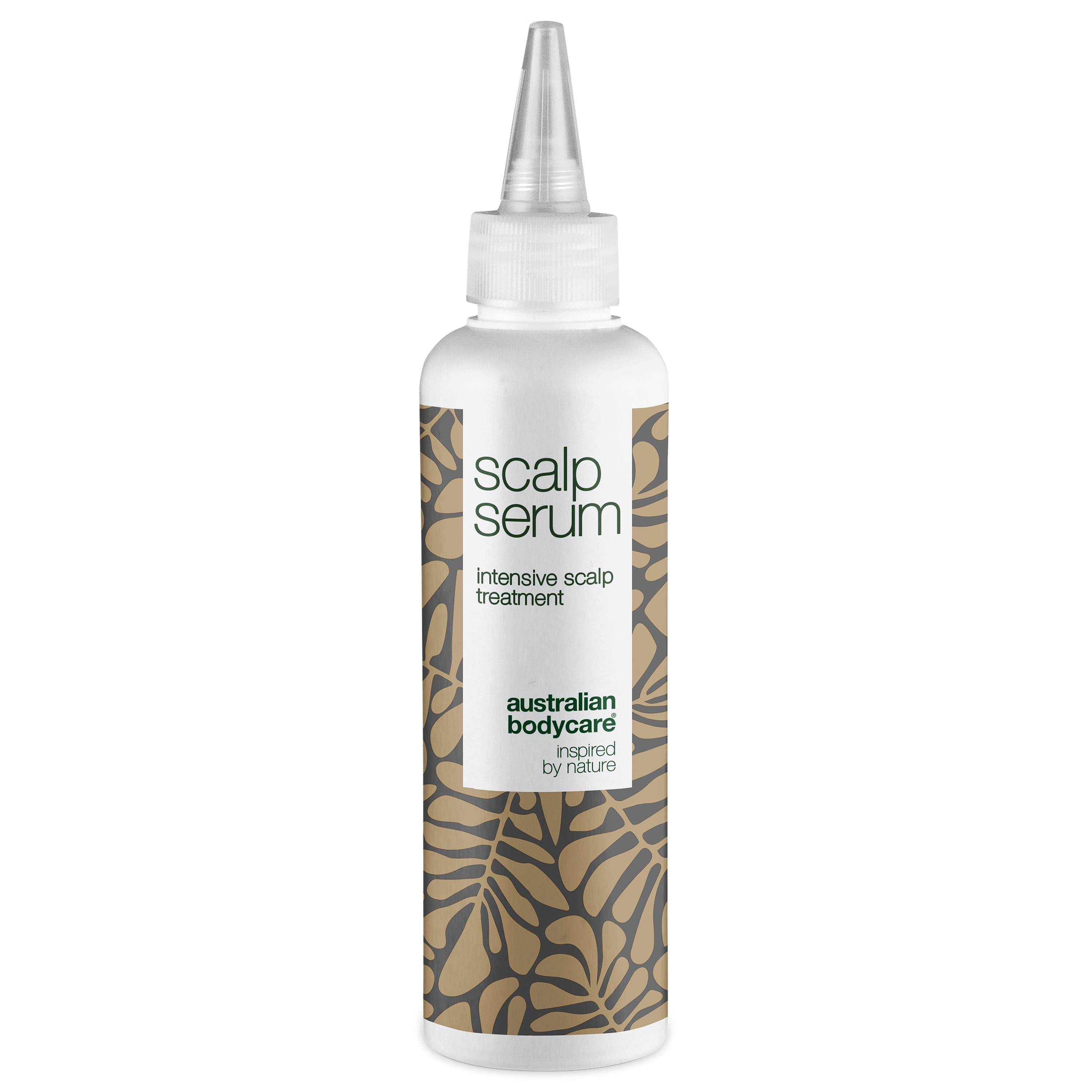 Flacon de sérum pour cuir chevelu. Blanc, motif marron. Embout applicateur.