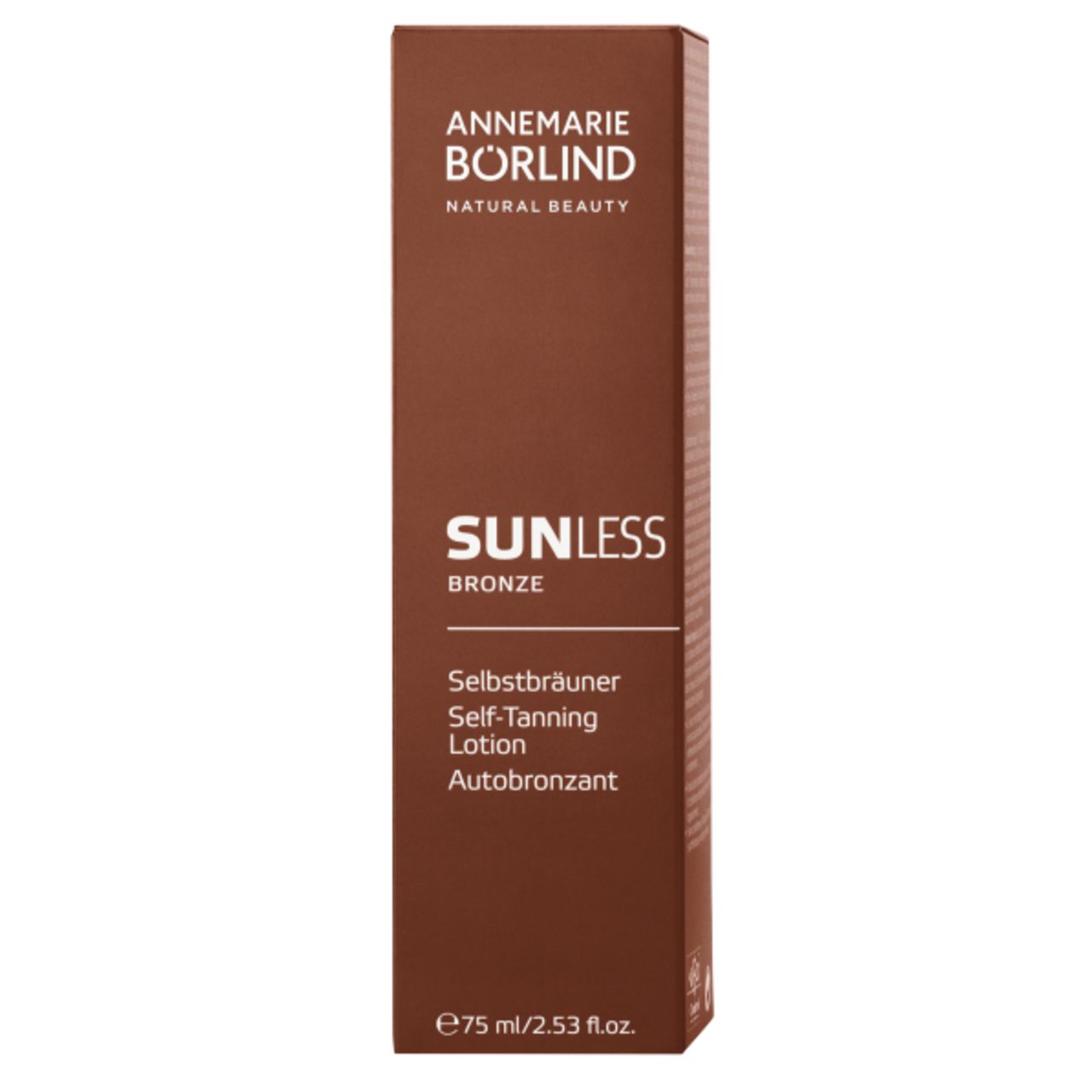 Braune Tube mit weißem Verschluss. Aufschrift: SUNLESS Bronze, Selbstbräuner. 75 ml.