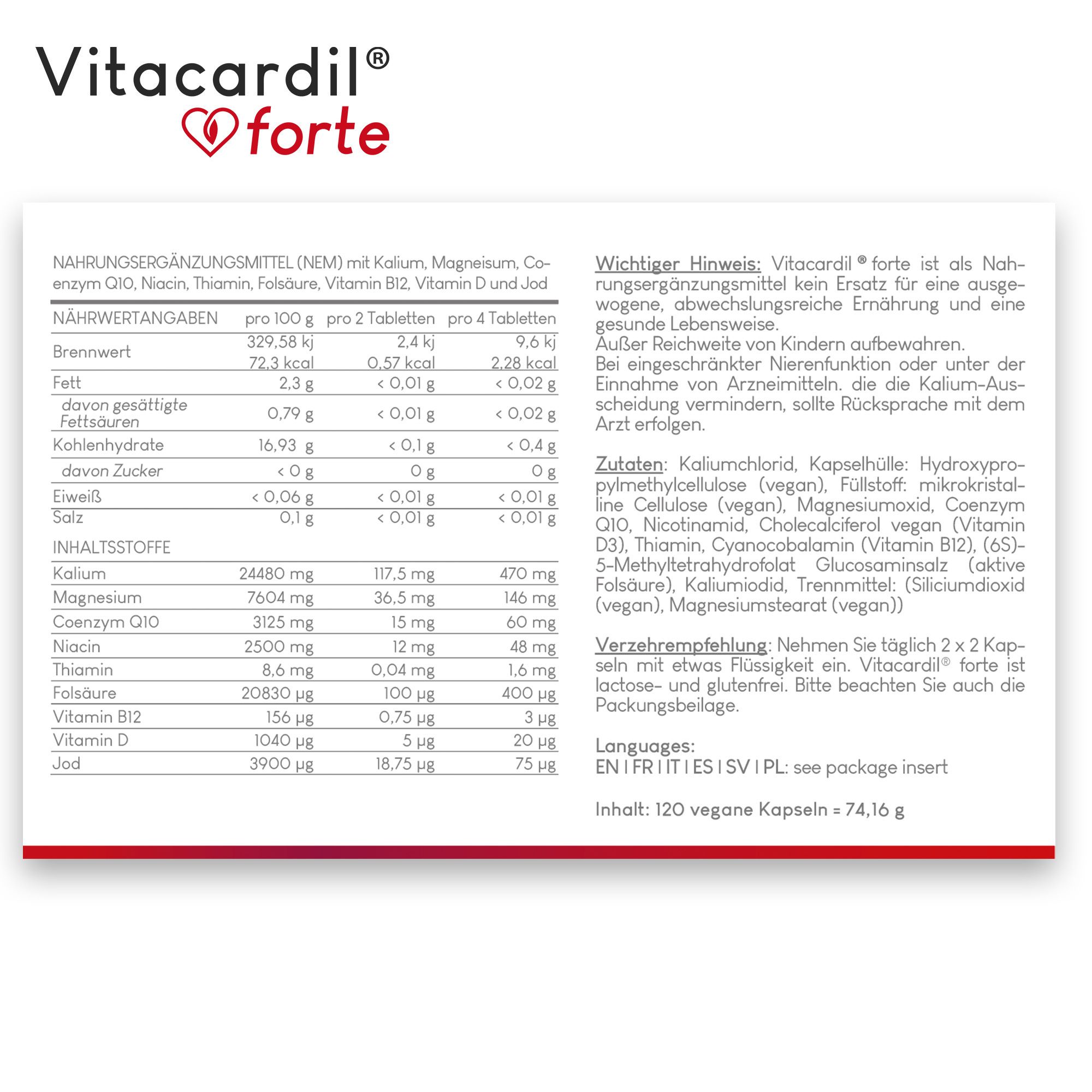 Gros plan des informations nutritionnelles de Vitacardil® forte. Contient des informations sur les ingrédients, les valeurs nutritionnelles et les instructions d'utilisation.