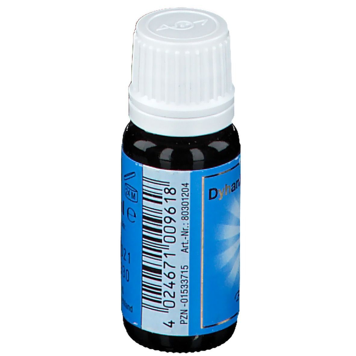 Flacon en verre brun avec bouchon blanc. Étiquette bleue avec informations produit et code-barres. "Dyhankan Essenz" visible.