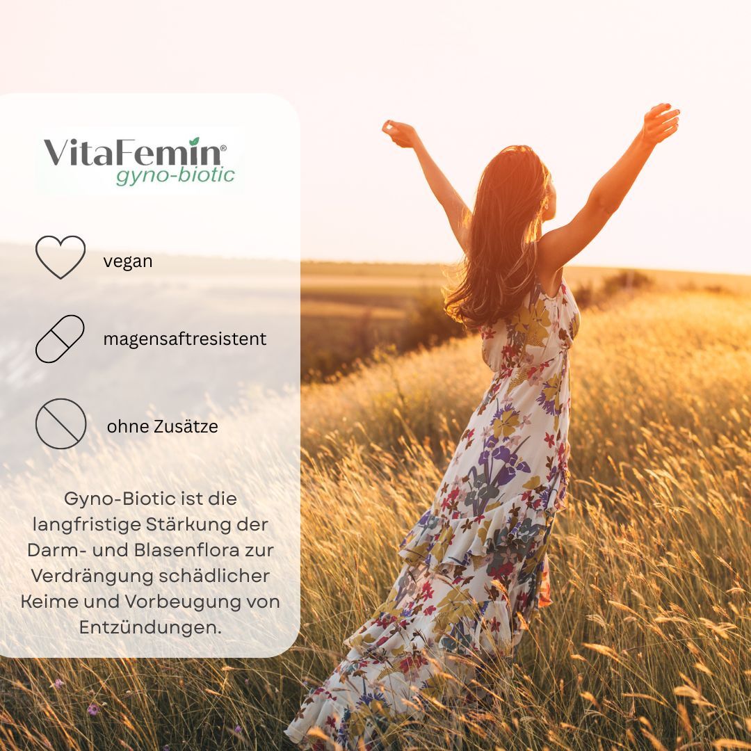 Frau im Feld. Text: VitaFemin gyno-biotic. Icons: vegan, magensaftresistent, ohne Zusätze. Text über die Stärkung der Darm- und Blasenflora.