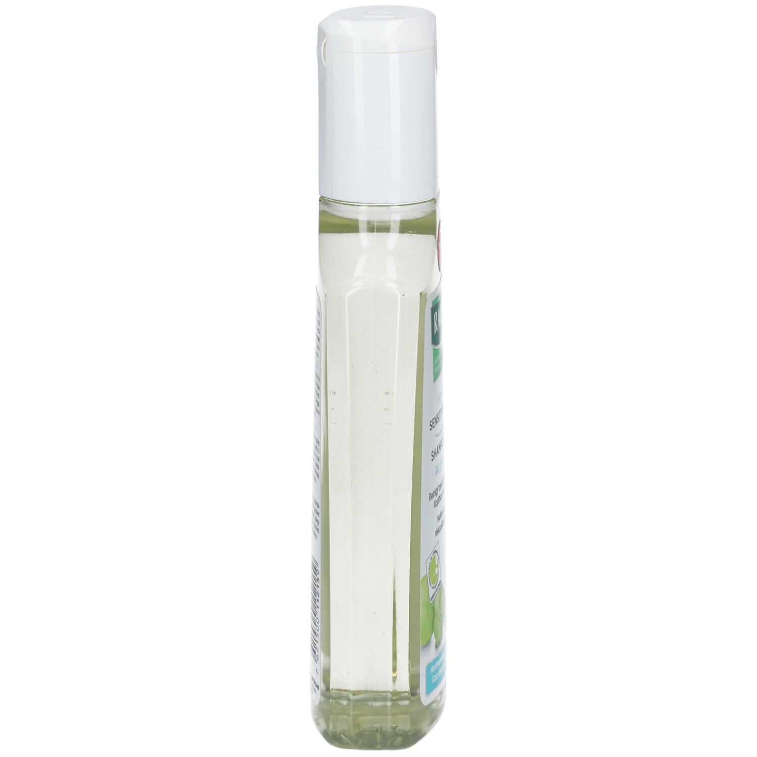 Flacon transparent avec bouchon blanc. Inscription: RAUSCH Herzsamen Sensitive-Shampoo. Vue latérale.