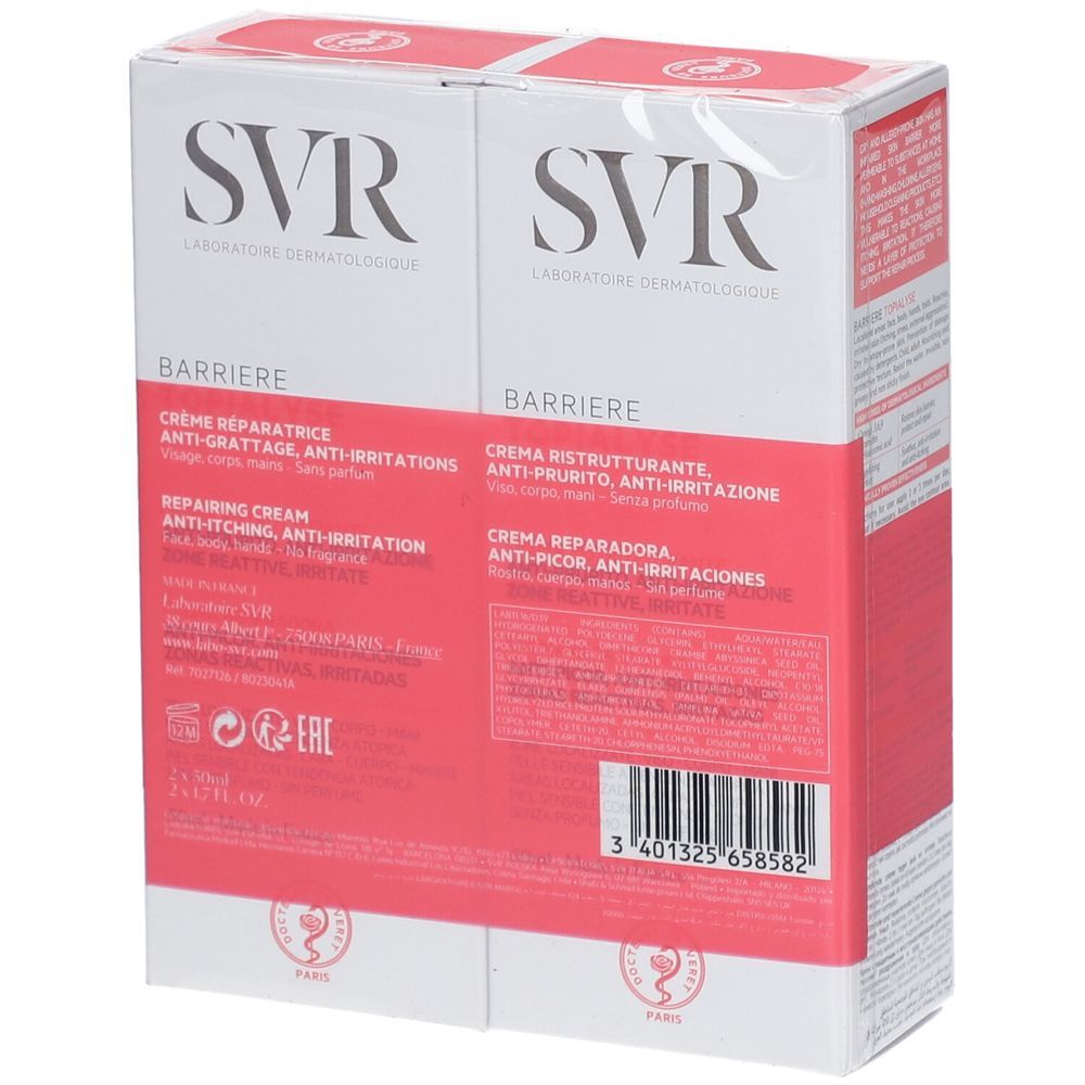 Dos du duopack SVR Barrière Topialyse. Texte multilingue. Informations produit et code-barres. Emballage blanc et rouge.