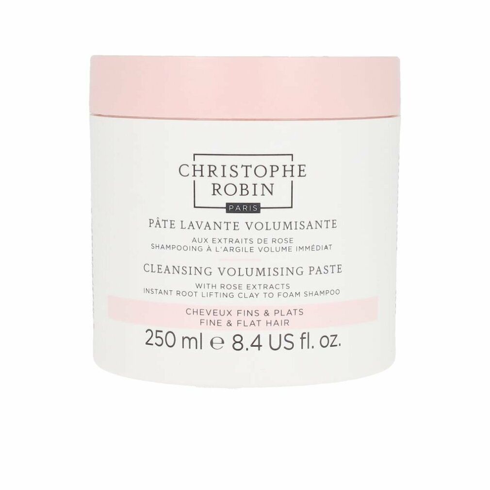 Runde Dose mit rosa Deckel. Aufschrift: Christophe Robin Paris. Pâte Lavante Volumissante. 250 ml.