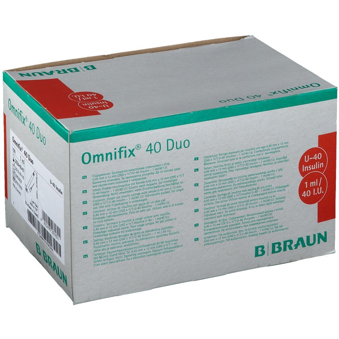 Boîte Omnifix 40 Duo. Carton gris-blanc avec marquage rouge. Texte: U-40 Insuline, 1 ml/40 UI. Logo B. Braun.