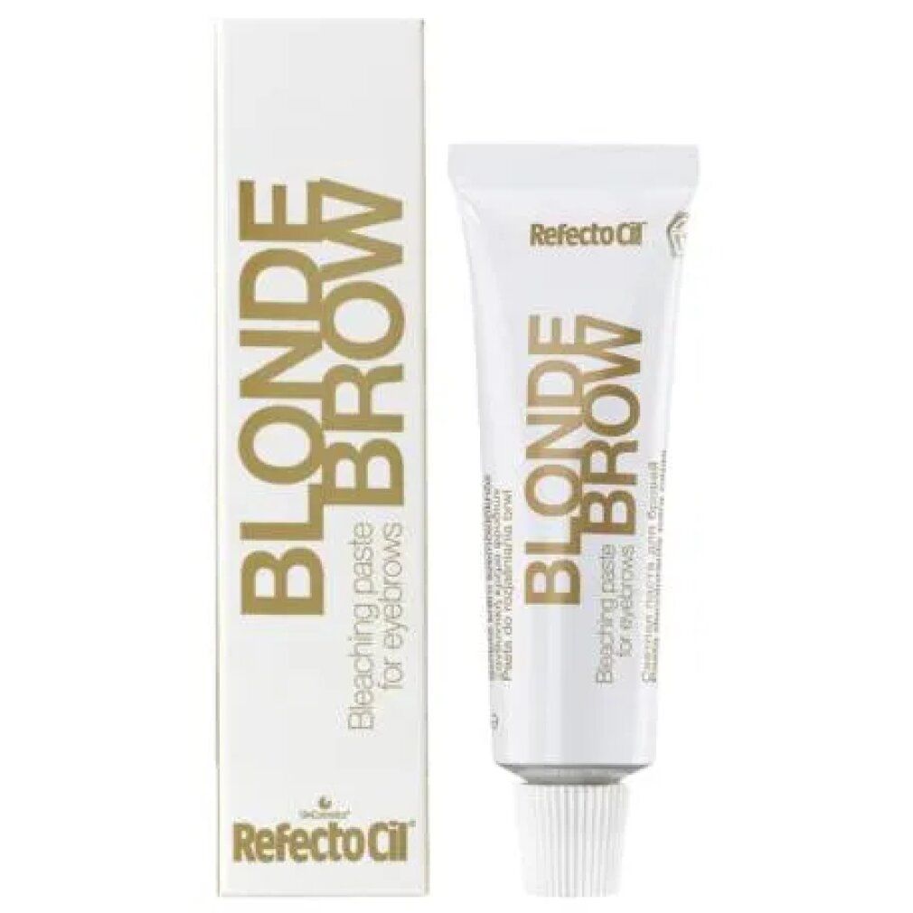 RefectoCil Blondierpaste für Augenbrauen. Tube und Schachtel. Weißes Tube mit goldenem Schriftzug.