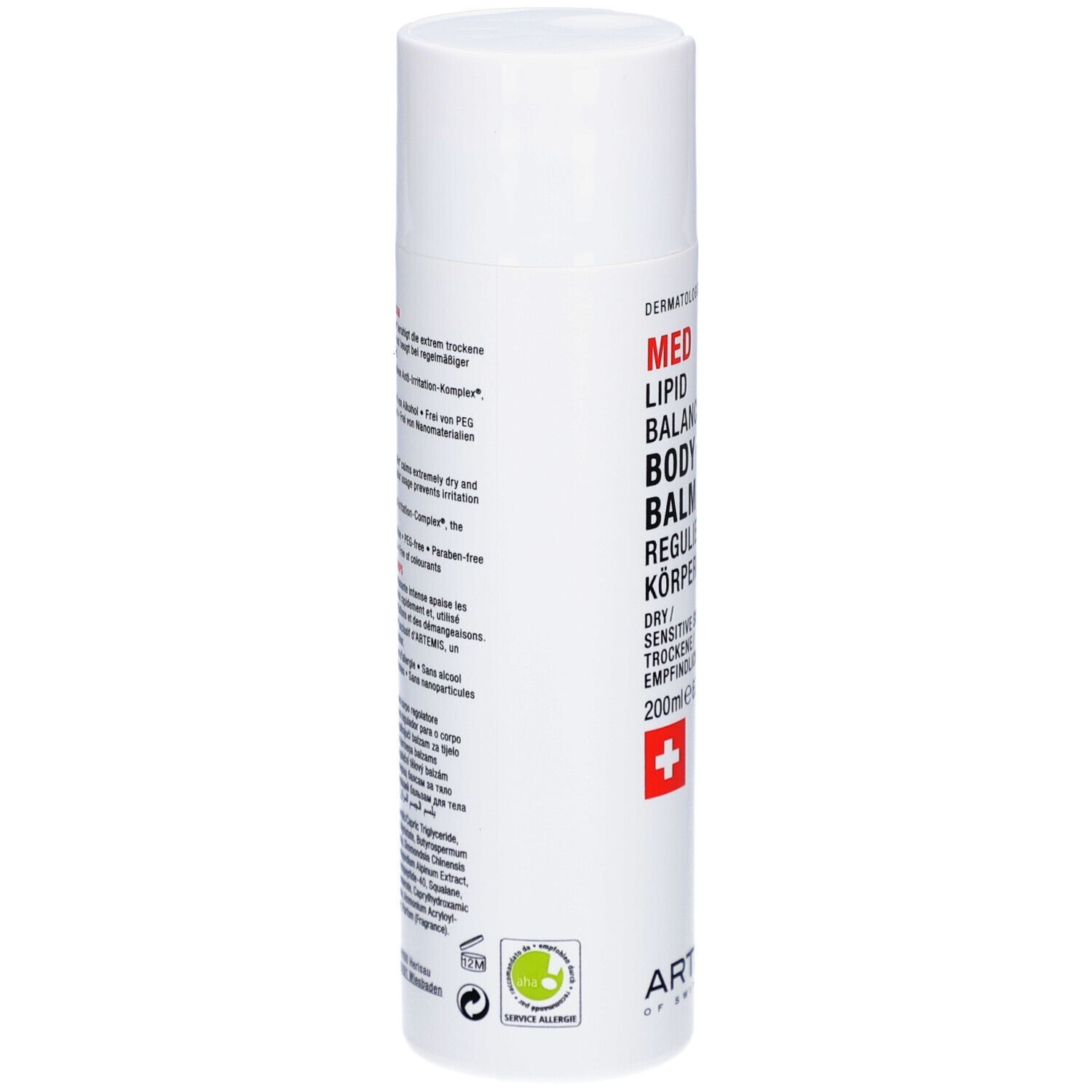 Flacon blanc avec texte rouge et noir. MED Lipid Balancing Body Balm. Croix suisse. 200ml.