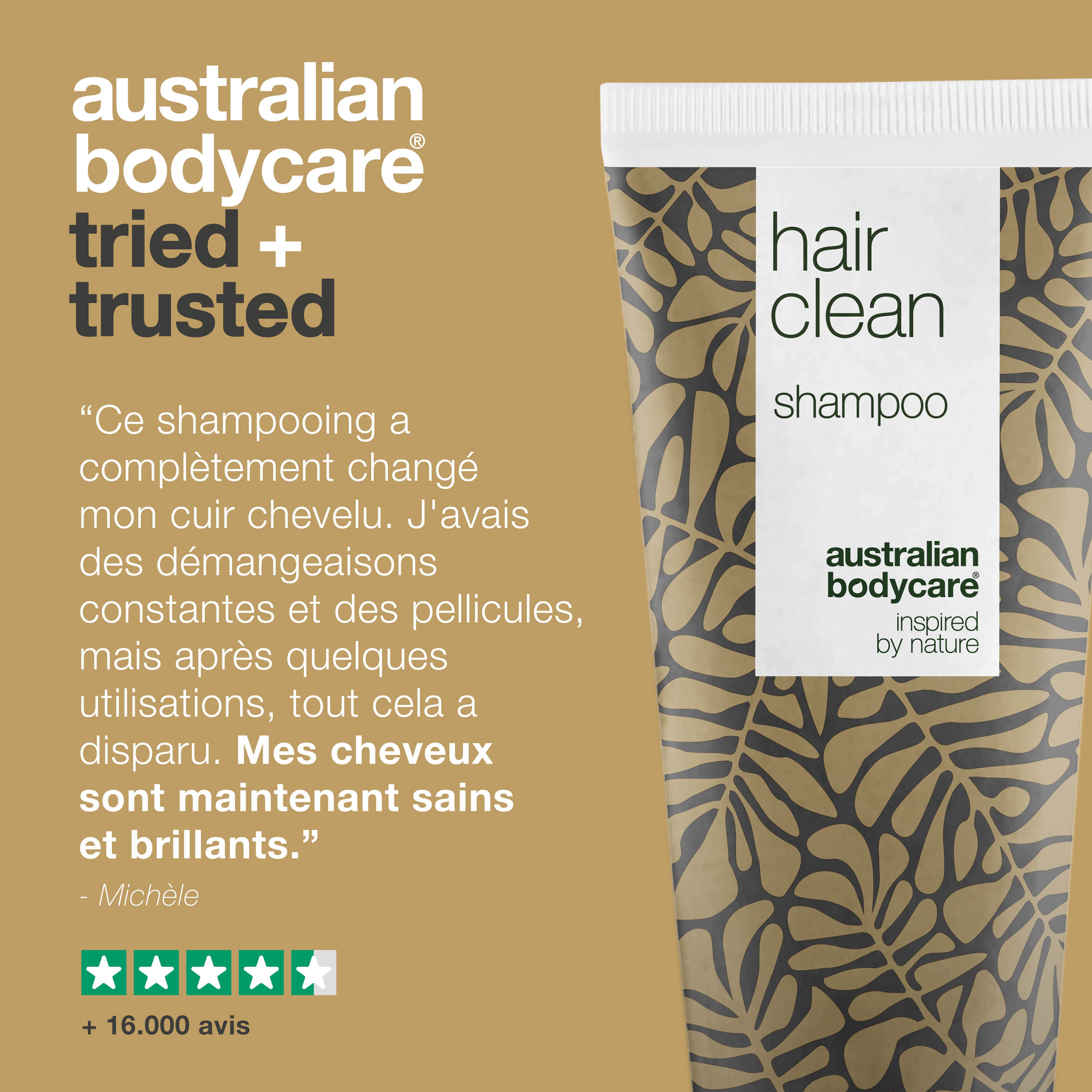 Tube de shampooing avec texte et avis. Inscription : hair clean, australian bodycare. Citation et évaluation par étoiles.