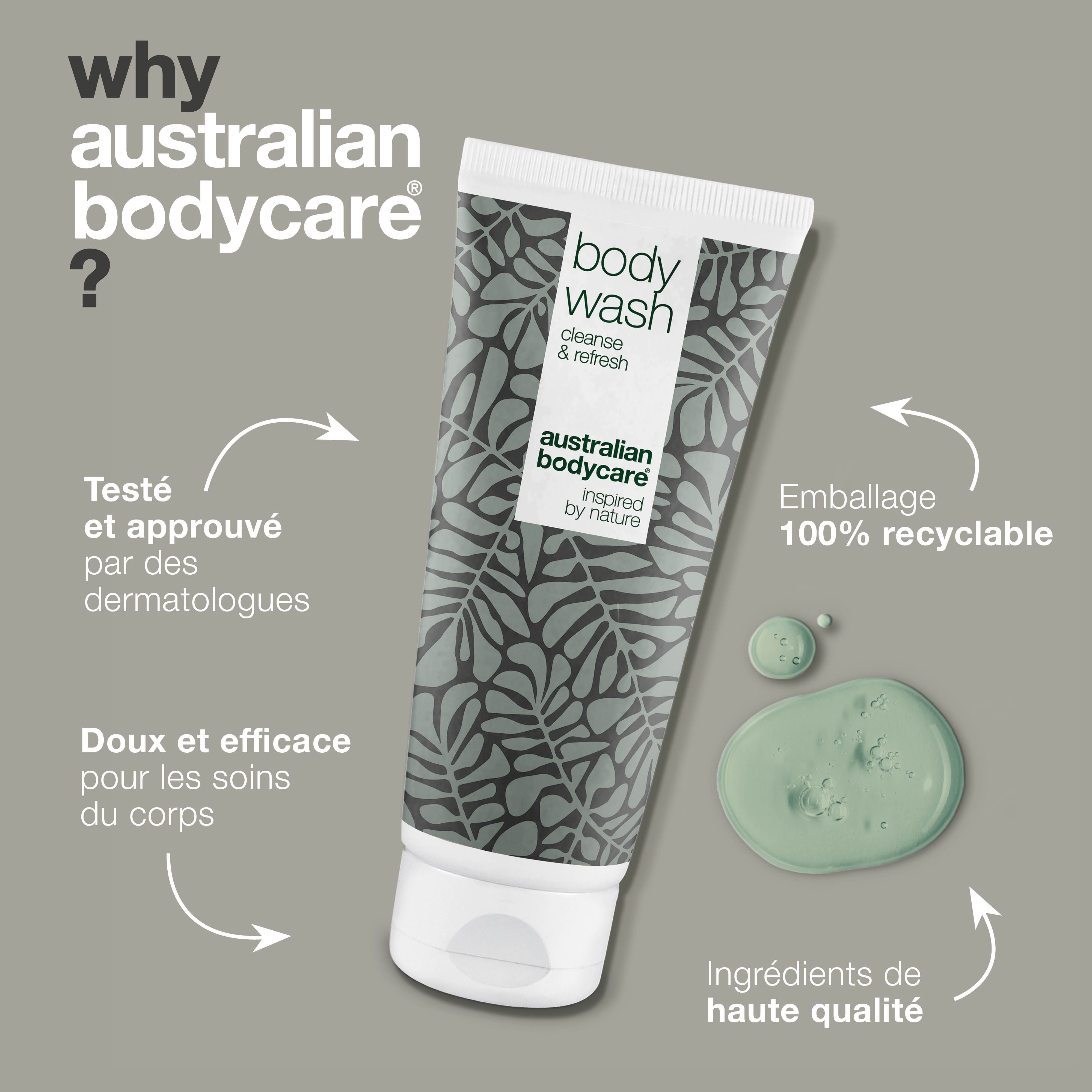 Tube avec « body wash ». Logo « Australian Bodycare ». Texte sur les avantages.