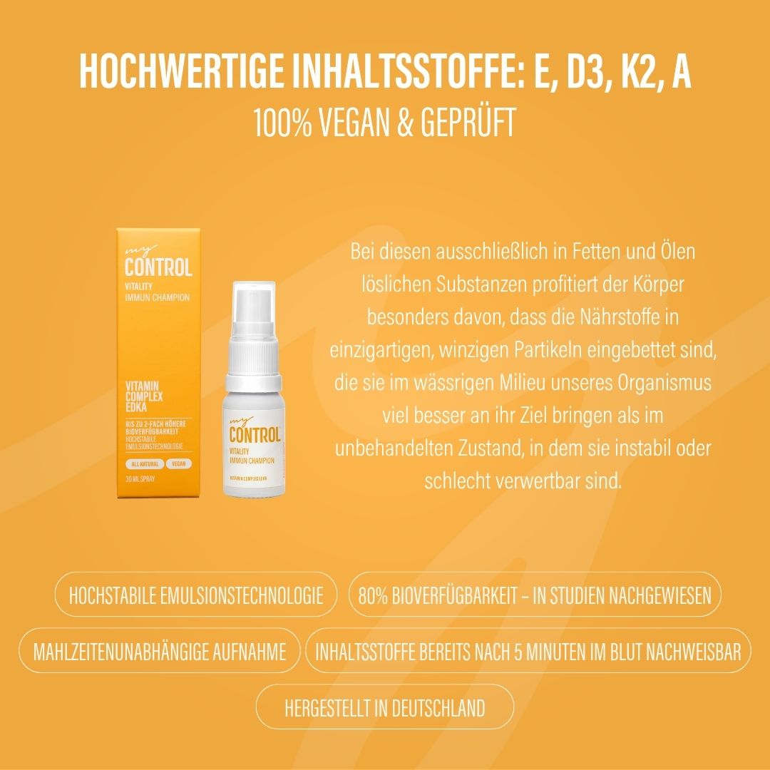 Gelber Hintergrund mit Text. Aufschrift: my Control Vitality Immun Champion Vitamin Complex EDKA. Hochwertige Inhaltsstoffe.