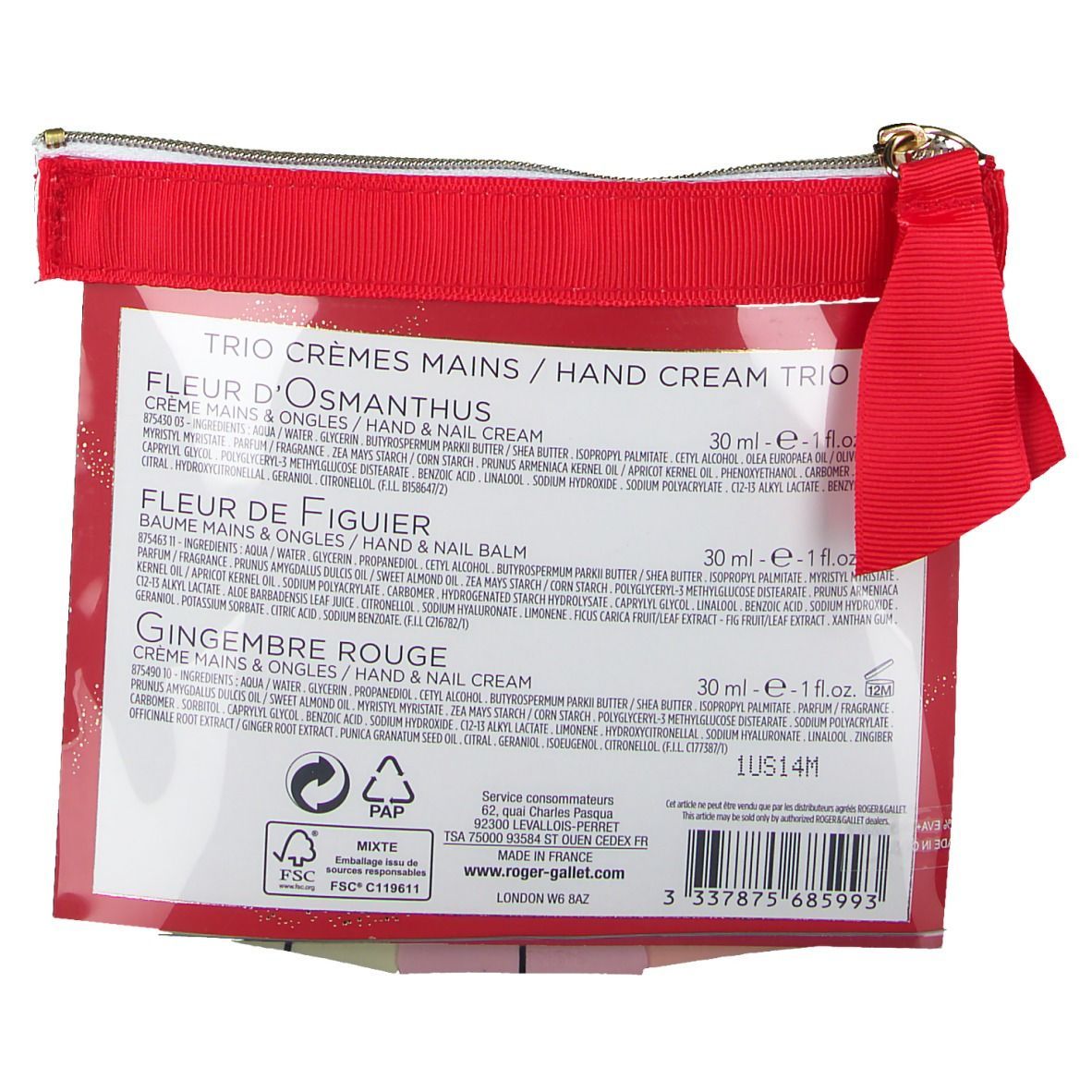 Transparente Tasche mit drei Handcremes. Roter Reißverschluss und Griff. Text: Fleur d'Osmanthus, Fleur de Figuier, Gingembre Rouge.