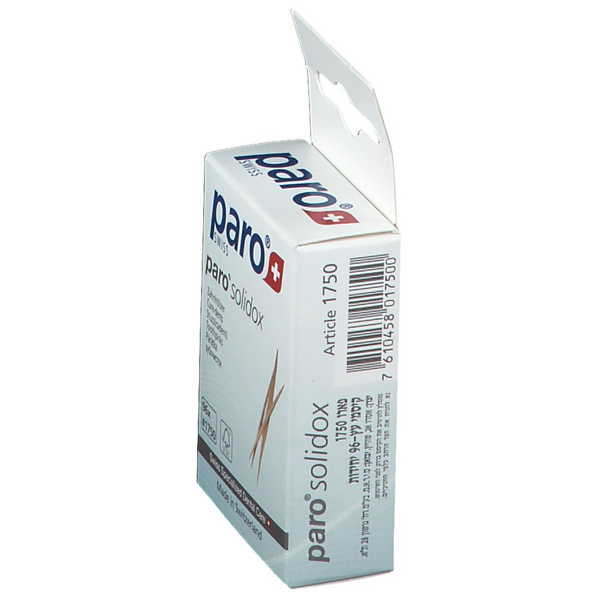 Boîte paro® solidox. Blanche, logo et nom du produit. Numéro d'article et code-barres visibles.