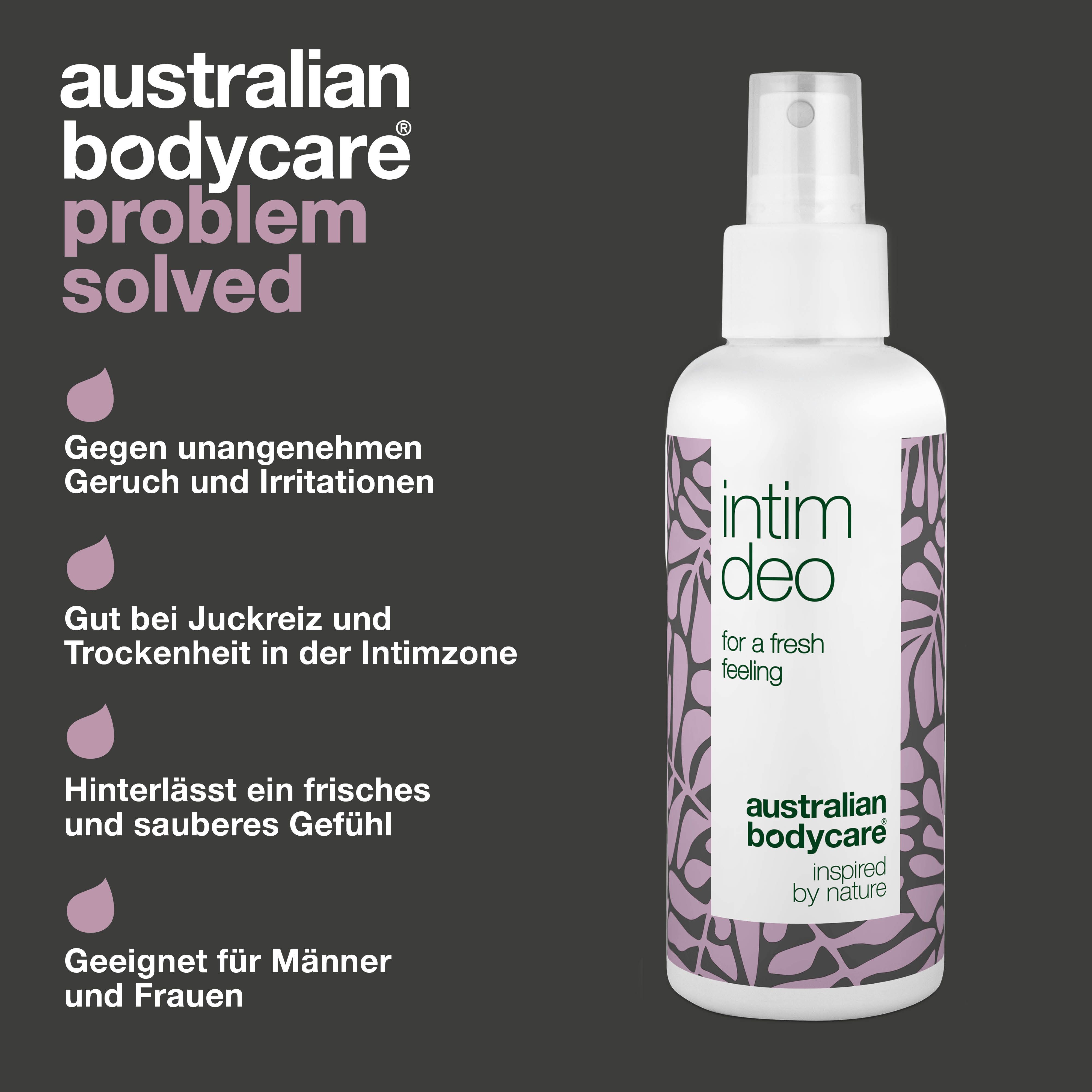 Intimdeo-Spray neben Text über die Lösung von Problemen. Produkt- und Markenname.