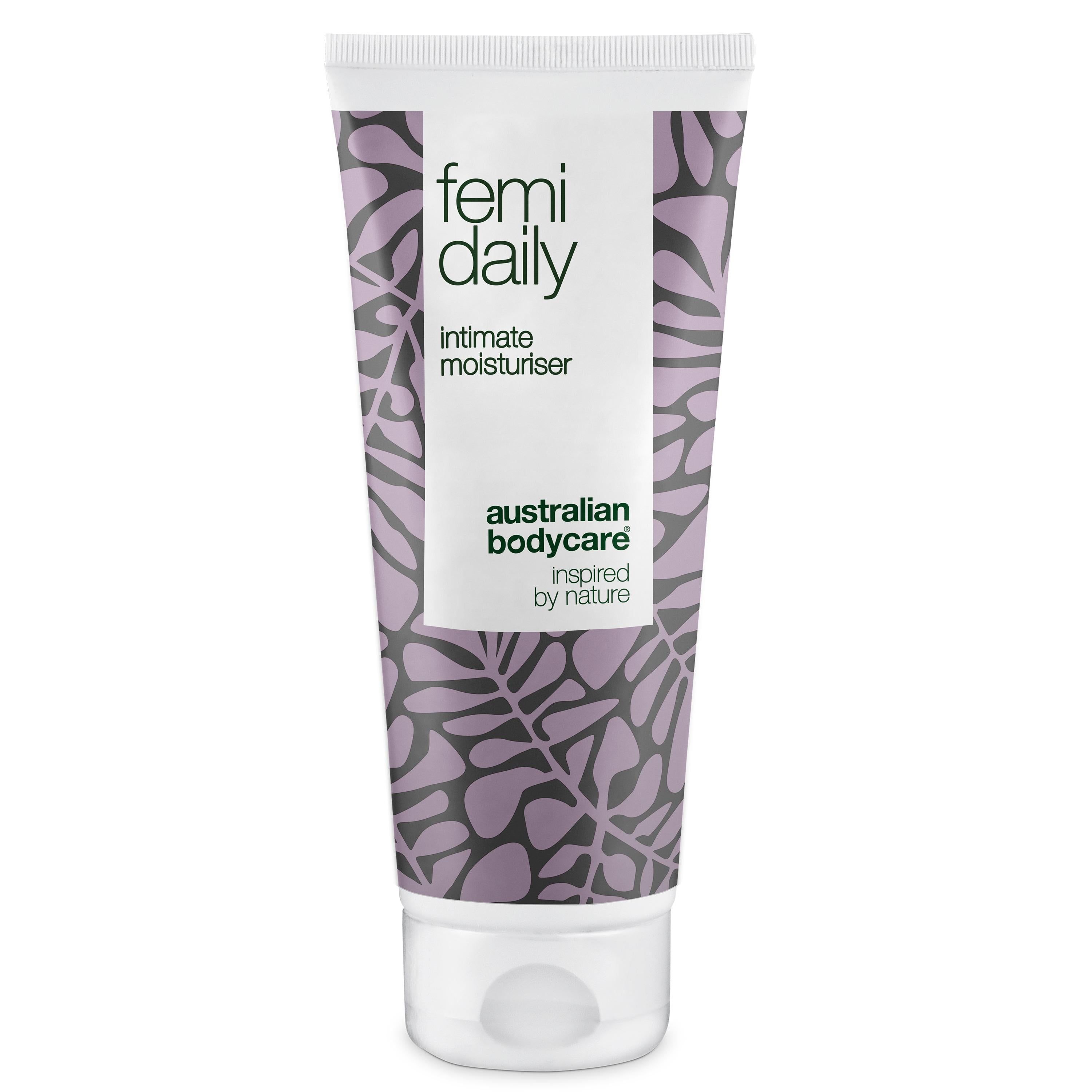Tube « femi daily » et « intimate moisturiser ». Marque : Australian Bodycare. Motif feuilles violet. Bouchon blanc.