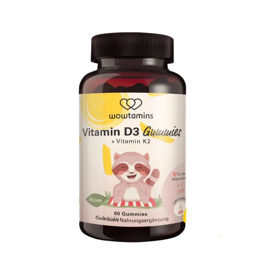 Flacon marron de wowtamins Vitamine D3 Gummies. 60 gommes, vegan. Inscription: Vitamine K2.
