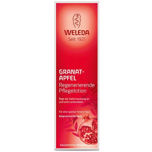 Weleda Lotion régénérante Grenade. Tube rouge avec bouchon blanc. Nom du produit et marque visibles.