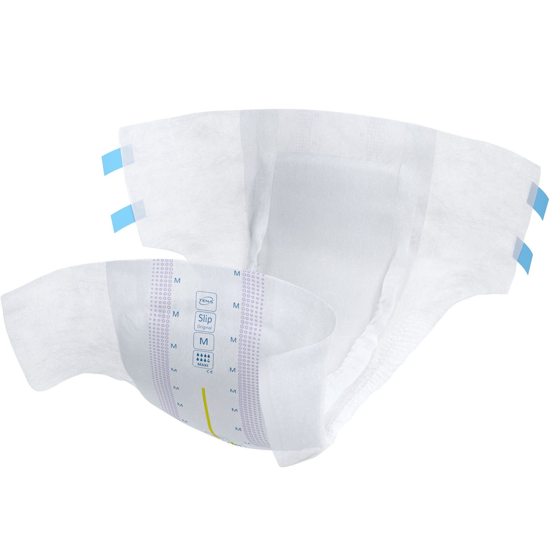 TENA Slip Maxi M. Weiße Inkontinenzvorlage mit blauen Klebestreifen. Produktansicht von oben.