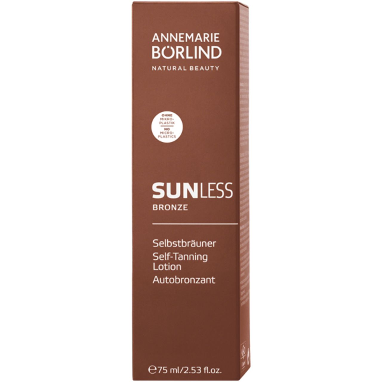 Braune Tube mit weißem Verschluss. Aufschrift: SUNLESS Bronze, Selbstbräuner. 75 ml.