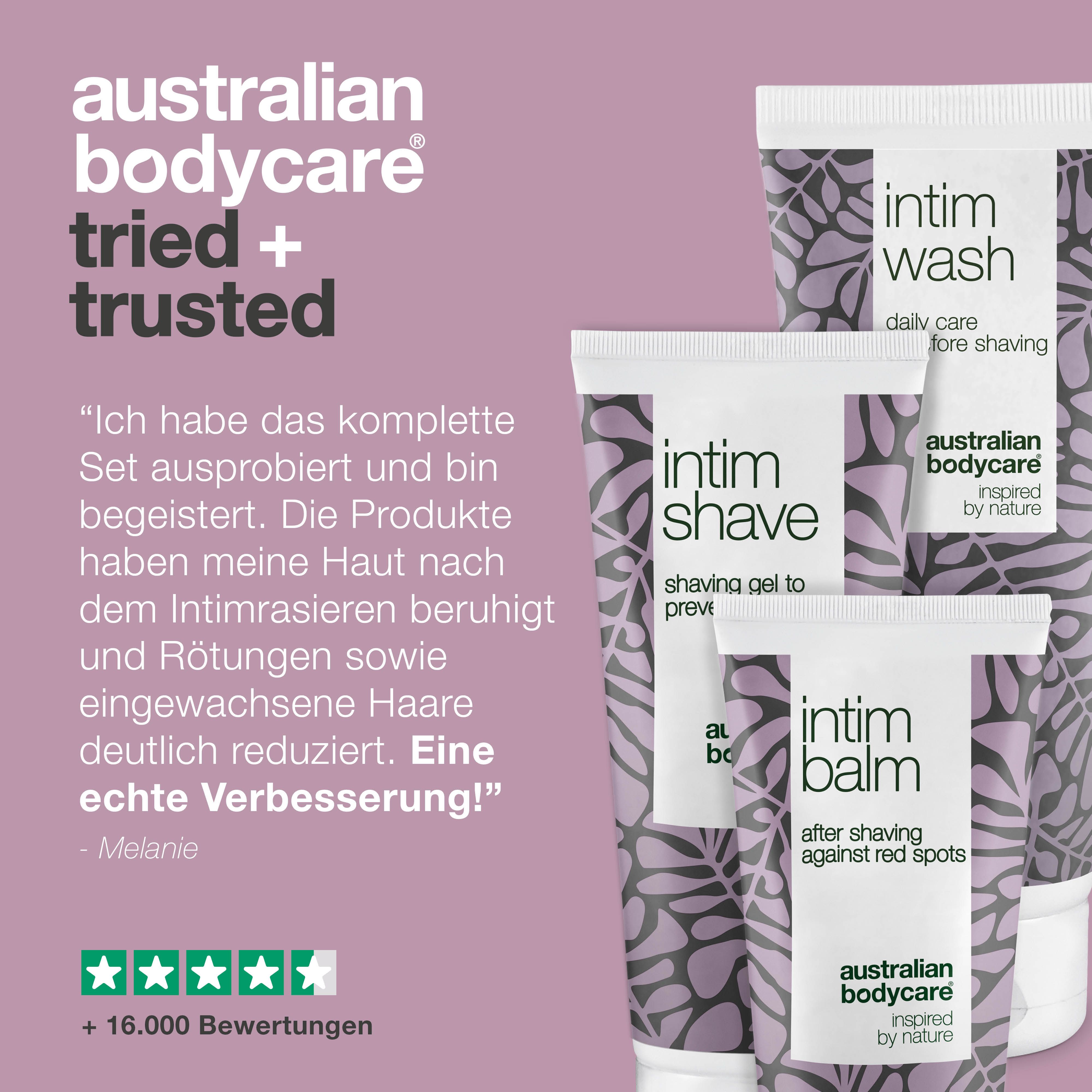 Drei Produkte: Intimwaschgel, Rasierbalsam und Rasiergel. Text mit Kundenbewertungen.