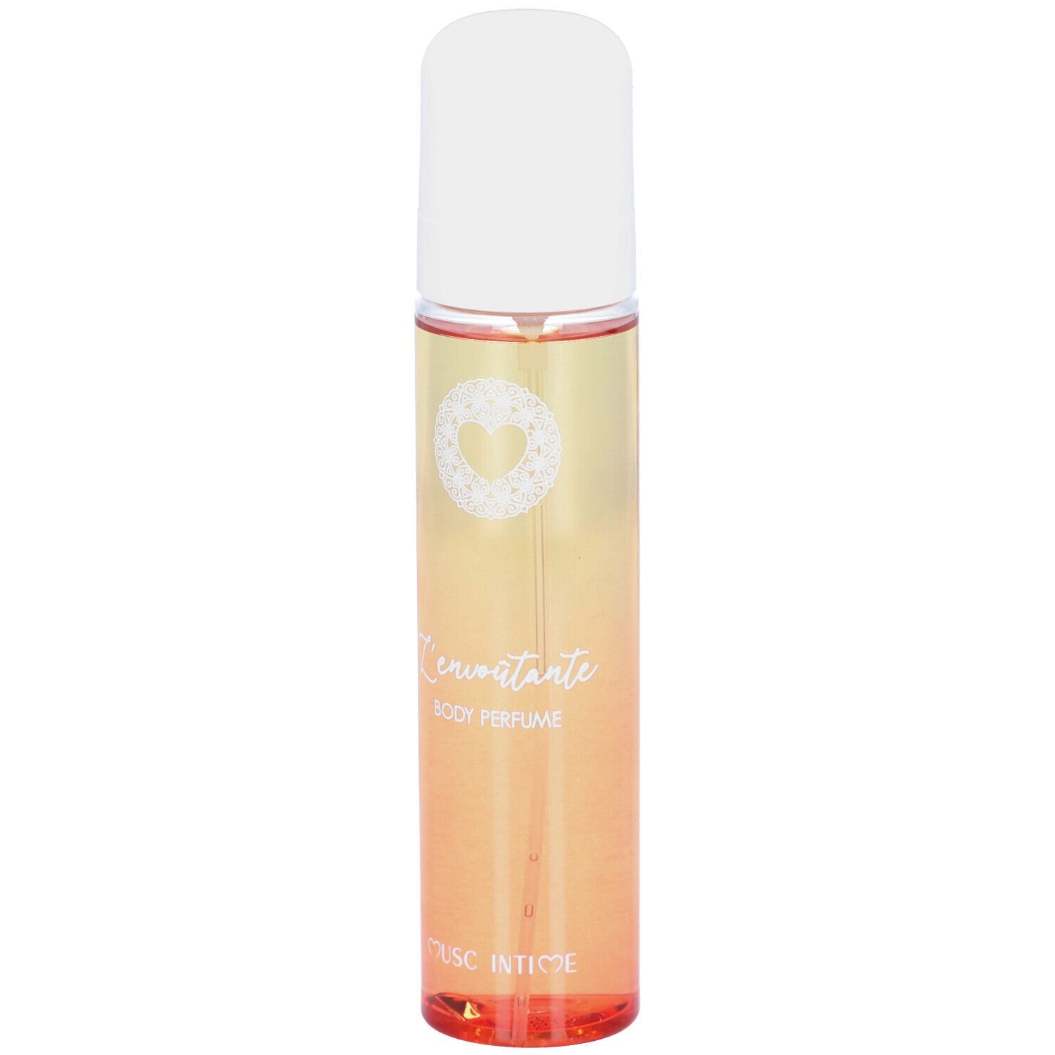 Körperparfum in einem zylindrischen Zerstäuber mit weißem Verschluss. Farbverlauf von Gelb zu Orange.