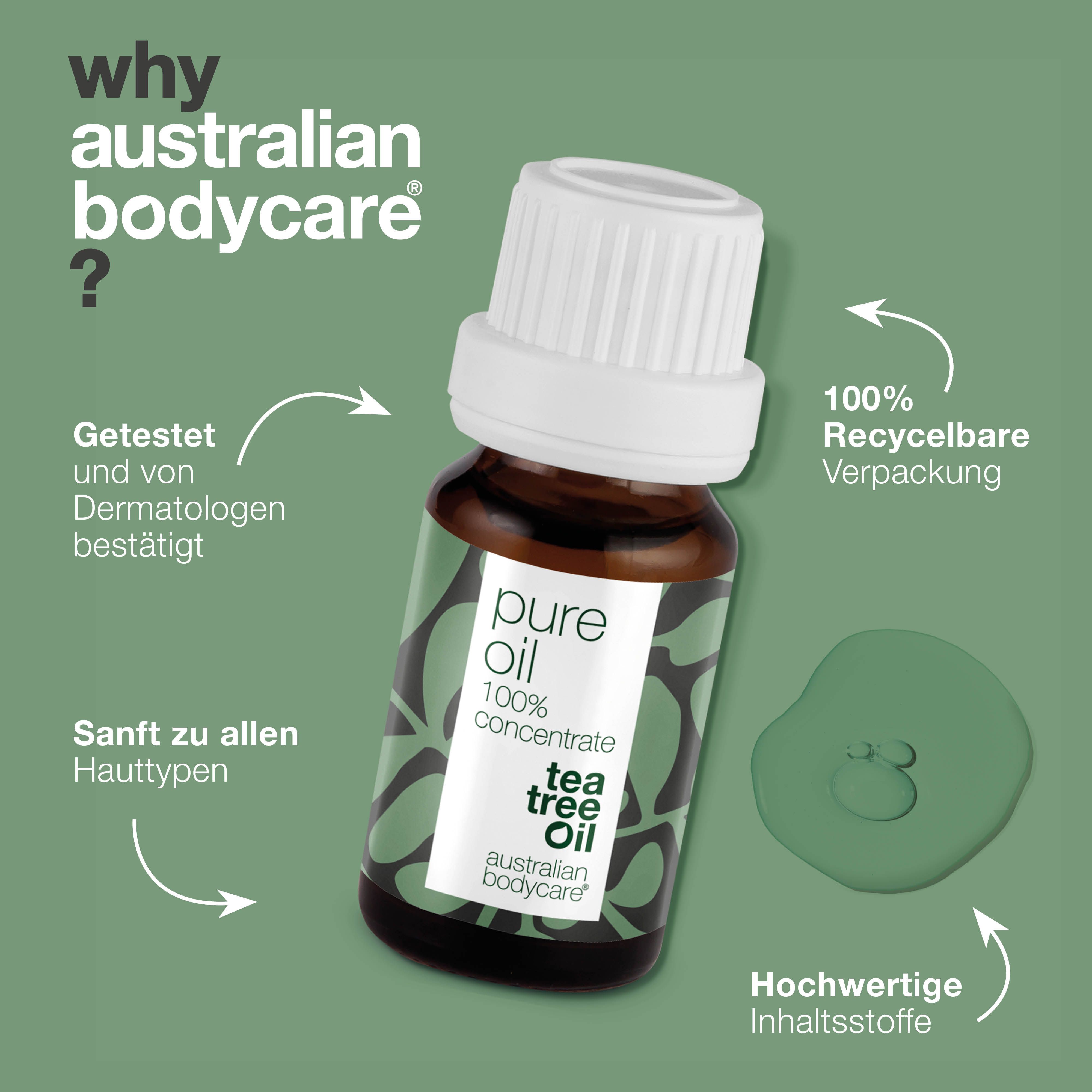 Braune Flasche mit weißem Deckel. Text: Pure Oil, 100% concentrate, Tea Tree Oil, Australian Bodycare. Text daneben.