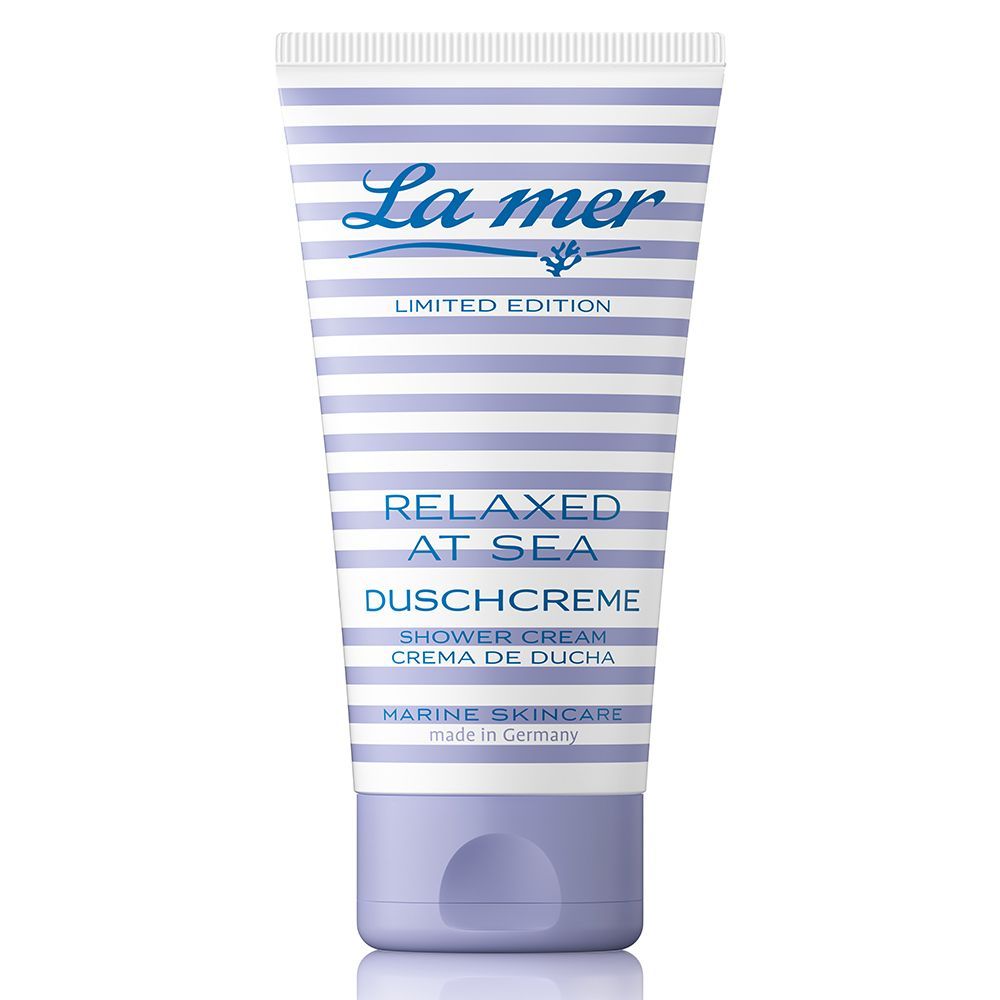 Tube de crème de douche La mer. Texte : Relaxed at Sea Duschcreme. Marine Skincare. Fabriqué en Allemagne.