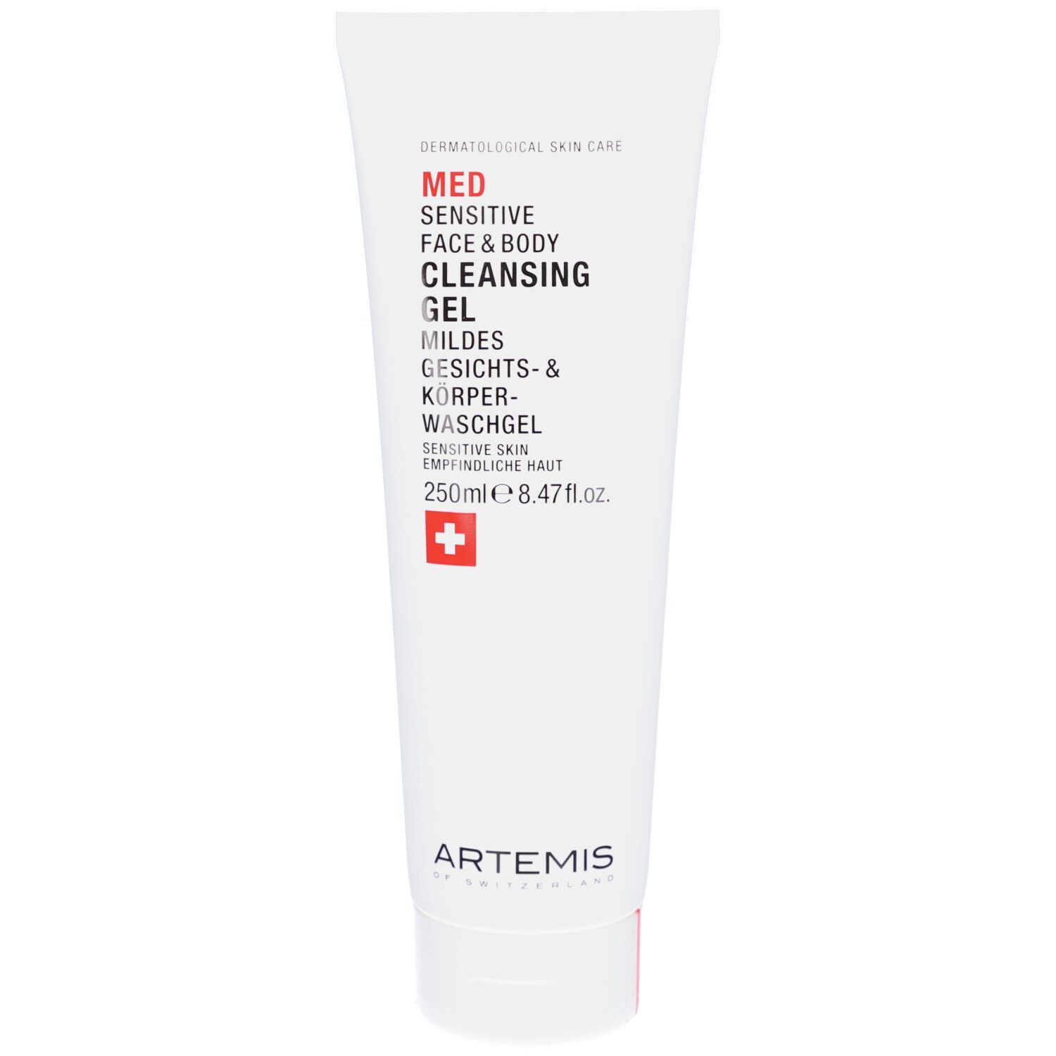 Tube blanc avec texte rouge. MED Sensitive Face & Body Cleansing Gel. Croix suisse.